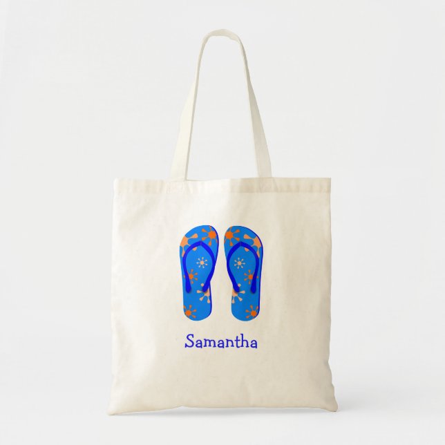 Sandals flip flop summer blue custom name tote bag (Front)