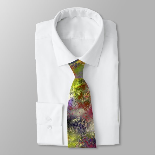 Sandblasted splattered yellow red paint on cotton  neck tie (Tied)