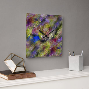 Sandblasted splattered yellow red paint on cotton  square wall clock