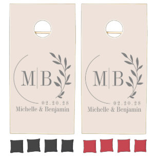 Sandcastle Pink Leaf Wedding Monogram Cornhole Set