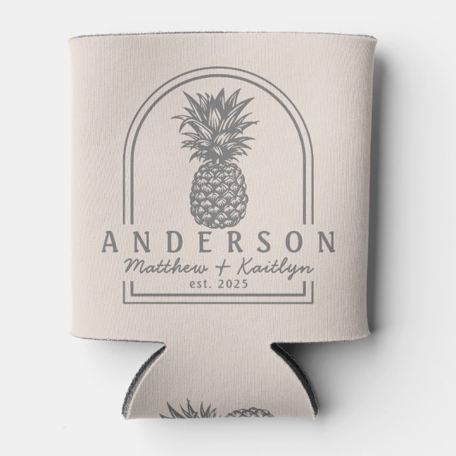 Sandcastle Pink Pineapple Wedding Arch & Name Can Cooler (Front)