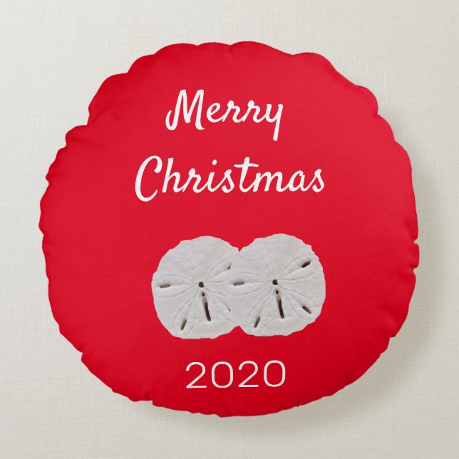 Sanddollar Pattern Red White Beach Merry Christmas Round Pillow (Front)