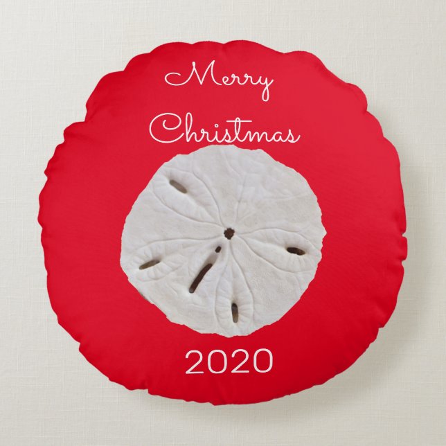 Sanddollar Pattern Red White Merry Christmas Gift Round Pillow (Front)