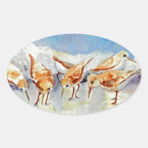 Sanderlings Tiny Watercolor Beach Birds Sandpipers Oval Sticker