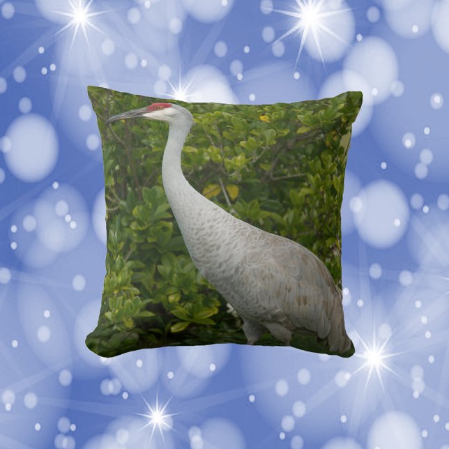 Sandhill Crane Bird in Front of Greenery Photo Throw Pillow (A throw pillow featuring a photo of a sandhill crane bird.)
