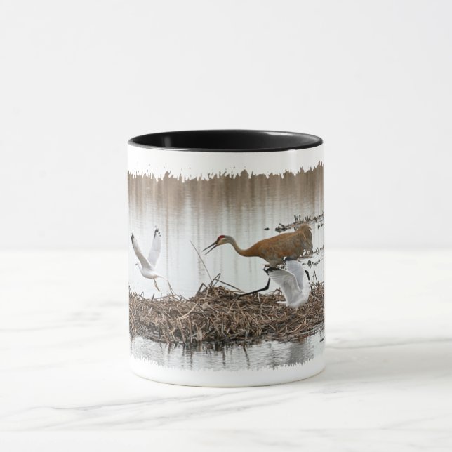Sandhill Crane Chasing Seagulls Mug (Center)