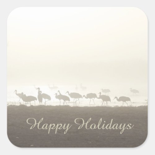 Sandhill Cranes in the Mist Happy Holidays Square Sticker