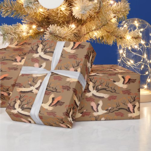 Sandhill Cranes Trees Pattern Brown Gift  Wrapping Paper