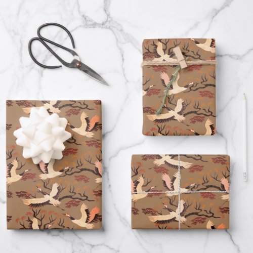 Sandhill Cranes Trees Pattern Brown Gift  Wrapping Paper Sheets