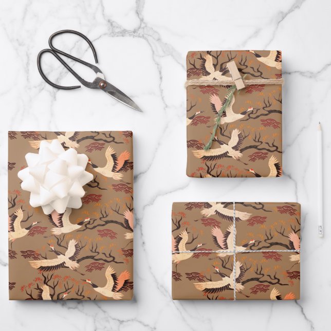 Sandhill Cranes Trees Pattern Brown Gift  Wrapping Paper Sheets (Front)