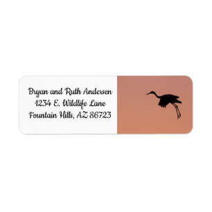Sandhill silhouette on a pink sunset sky label