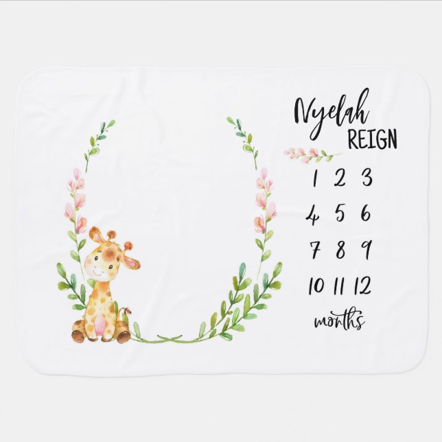 Sandnat Store Personalized Giraffe Baby Milestone  Baby Blanket (Horizontal)
