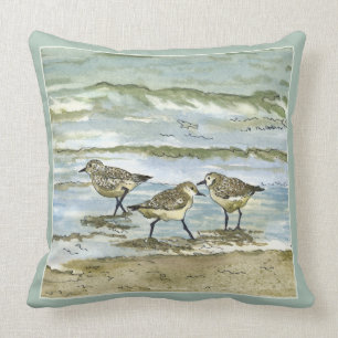 Sandpiper beach birds watercolor in sea blue green throw pillow