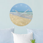 Sandpiper on the Seashore | Beautiful Beach Round Clock<br><div class="desc">This beautiful seaside clock is perfect to decorate a cute beach house. Light blue green waves roll up on a gorgeous beach under a pretty blue sky. I love the coast and relaxing in my beach home. There's nothing more peaceful than a sunny day at the beach.</div>