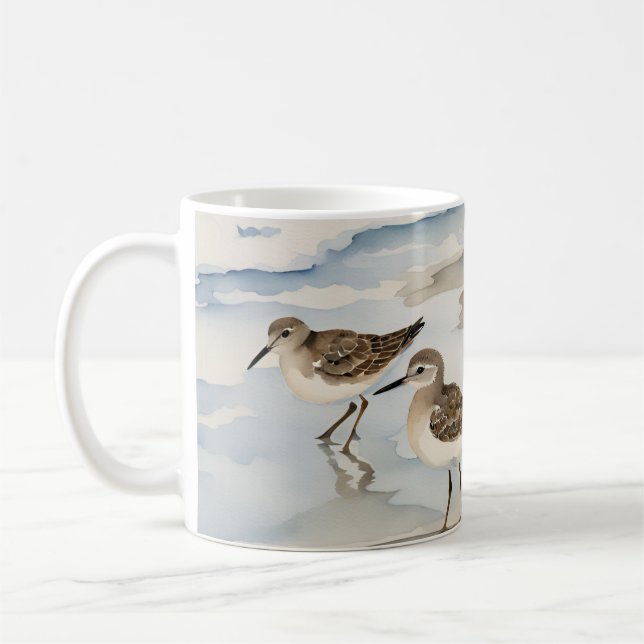 Sandpiper Sea Birds Coastal Beach Scene Watercolor Coffee Mug (Left)