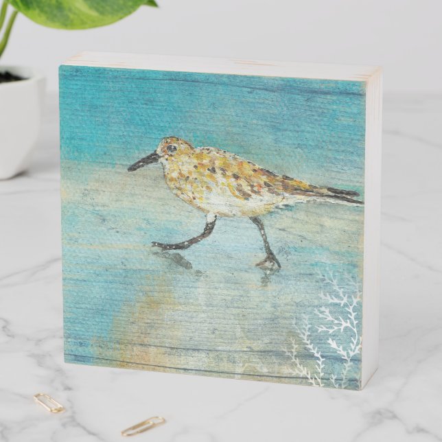 Sandpiper Shorebird Coastal Beach Painted Art Wooden Box Sign (In Situ Horizontal)