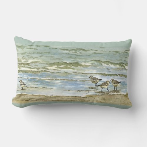 Sandpipers beach bird watercolor in sea blue green lumbar pillow