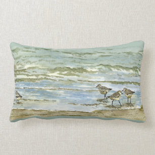 Sandpipers beach bird watercolor in sea blue green lumbar pillow