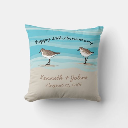 Sandpipers on Beach Anniversary Names in Sand Throw Pillow