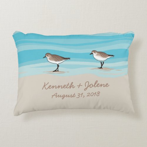 Sandpipers on Beach Wedding Date Names in Sand Accent Pillow