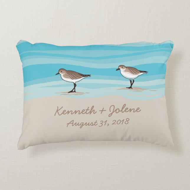 Sandpipers on Beach Wedding Date Names in Sand Accent Pillow (Front)