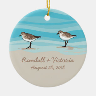 Sandpipers on Beach Wedding Date Names in Sand Ceramic Ornament