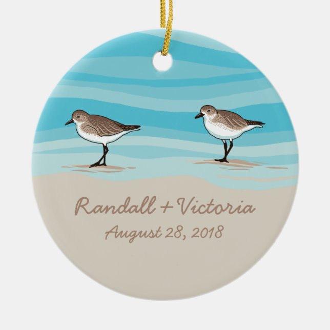 Sandpipers on Beach Wedding Date Names in Sand Ceramic Ornament (Front)