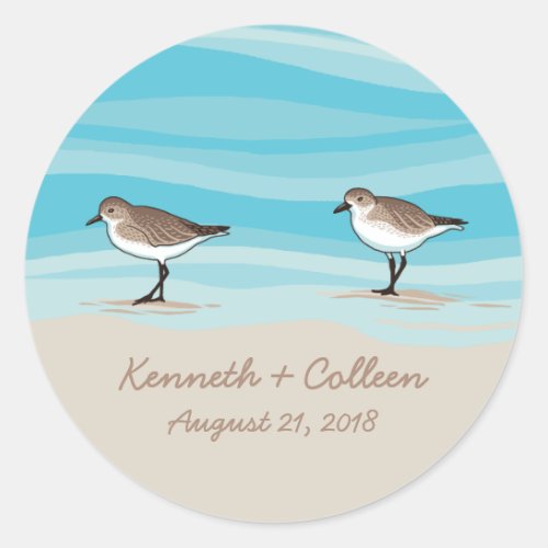 Sandpipers on Beach Wedding Date Names in Sand Classic Round Sticker