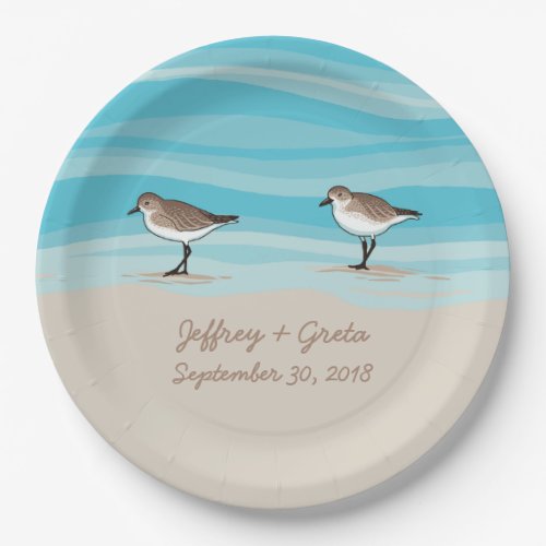 Sandpipers on Beach Wedding Date Names in Sand Paper Plates