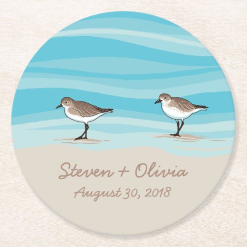 Sandpipers on Beach Wedding Date Names in Sand Round Paper Coaster