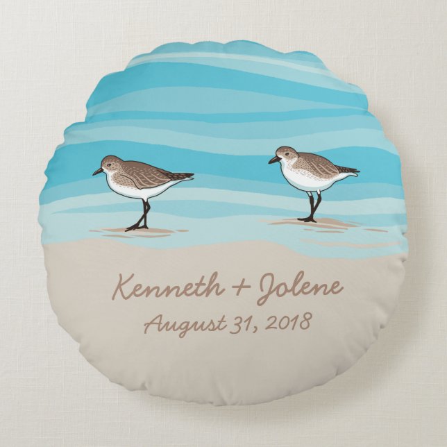 Sandpipers on Beach Wedding Date Names in Sand Round Pillow (Front)