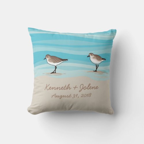 Sandpipers on Beach Wedding Date Names in Sand Throw Pillow
