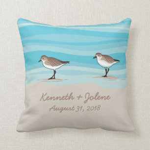 Sandpipers on Beach Wedding Date Names in Sand Throw Pillow