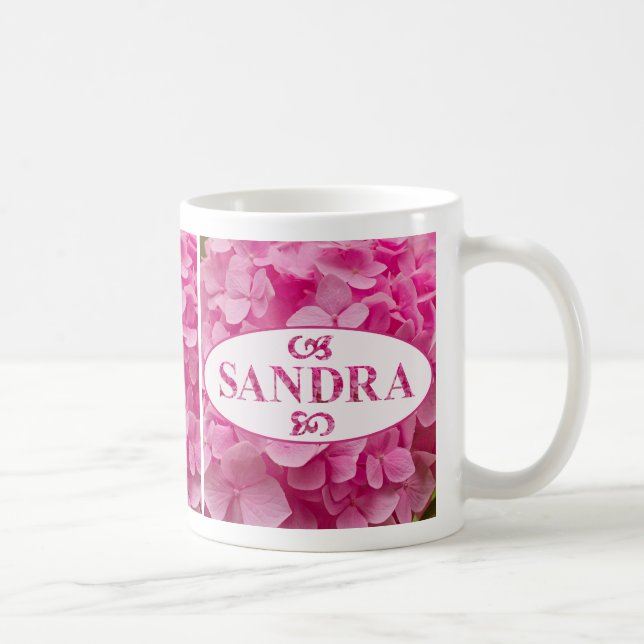 "Sandra" in Elegant Pink Hydrangea Flower Letters Coffee Mug (Right)