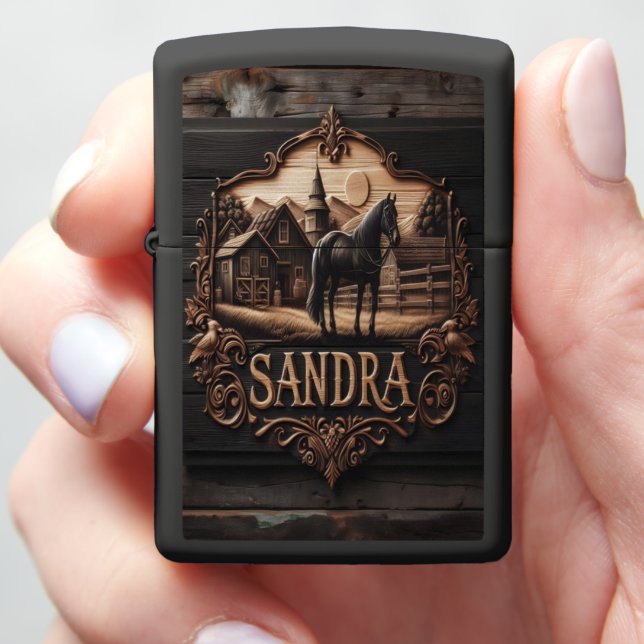 Sandra's Wooden Horse Sign Zippo Lighter (In Hand)