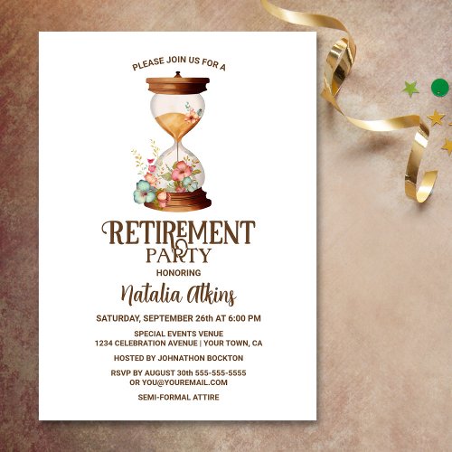Sands of Time Floral Hourglass Retirement Invitation