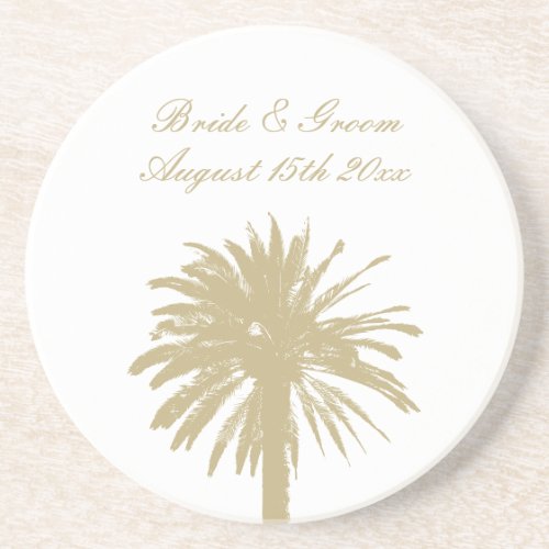 Sandstone beach wedding coaster with palm tree