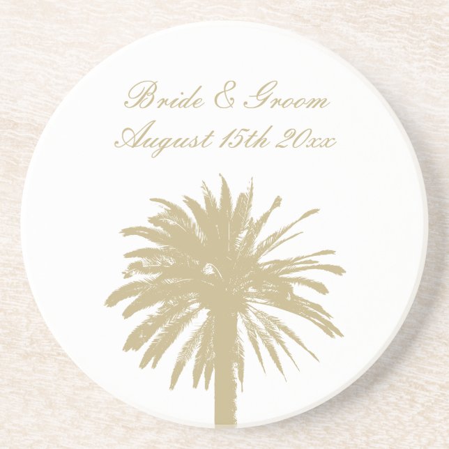 Sandstone beach wedding coaster with palm tree (Front)