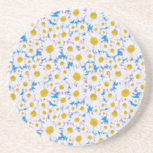 Sandstone Coaster: Ditzy White Daisies on Blue Coaster