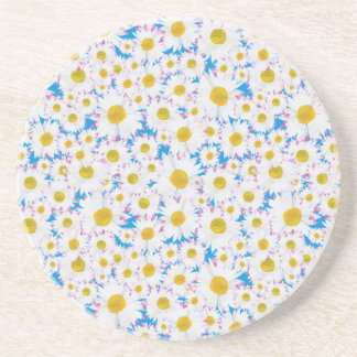 Sandstone Coaster: Ditzy White Daisies on Blue Coaster