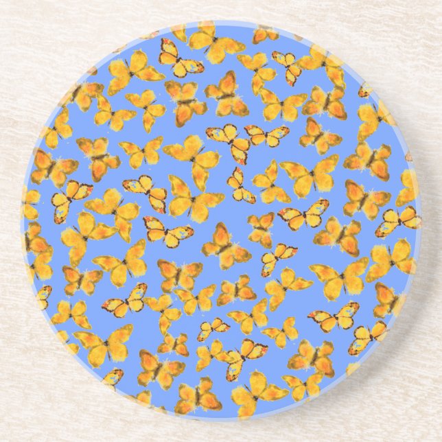 Sandstone Coaster, Golden Butterflies on Blue Sandstone Coaster (Front)