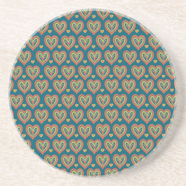 Sandstone Coaster, Red and Green Hearts, Dark Teal Drink Coaster (Front)