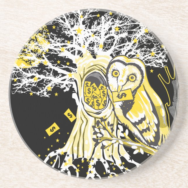 Sandstone Coaster – Urban Tree Owl & Wealth  (Front)