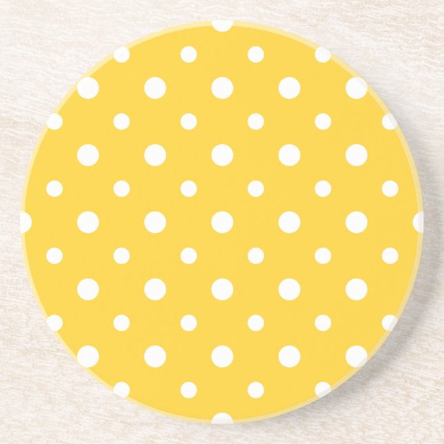 Sandstone Coaster: White Jumbo Polkas on Yellow Drink Coaster (Front)