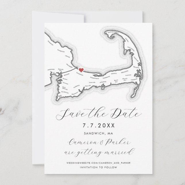 Sandwich MA Cape Cod Map Black and White Wedding Save The Date (Front)