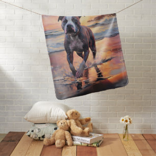 Sandy American Staffordshire Dog on Beach Sunset Baby Blanket