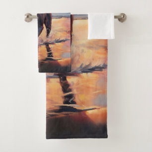Sandy American Staffordshire Dog on Beach Sunset Bath Towel Set