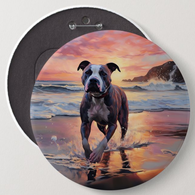 Sandy American Staffordshire Dog on Beach Sunset Button (Front & Back)