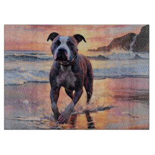 Sandy American Staffordshire Dog on Beach Sunset Cutting Board