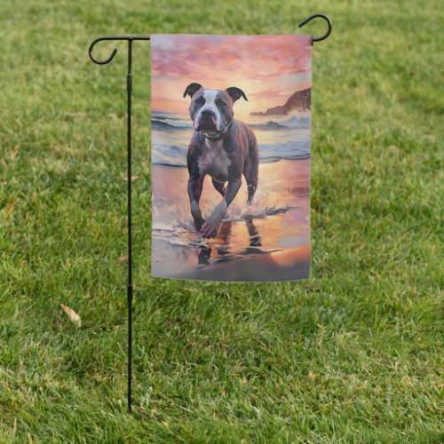 Sandy American Staffordshire Dog on Beach Sunset Garden Flag